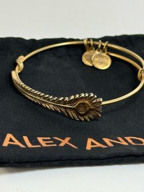 Alex and Ani Gold Copper Tone Peacock Feather Bangle Bracelet with Pouch